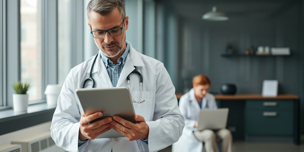 Doctor with tablet, scribe typing on laptop.