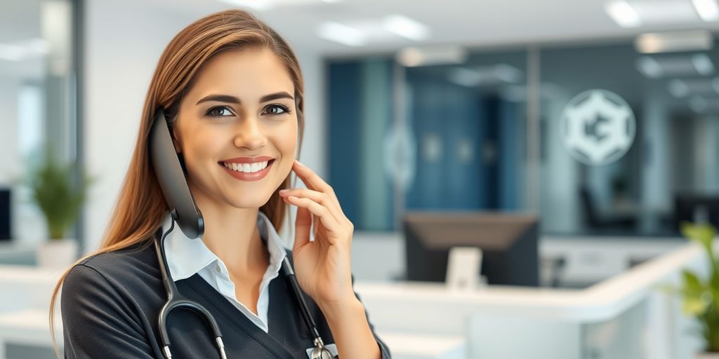 Medical receptionist on a call in a modern clinic