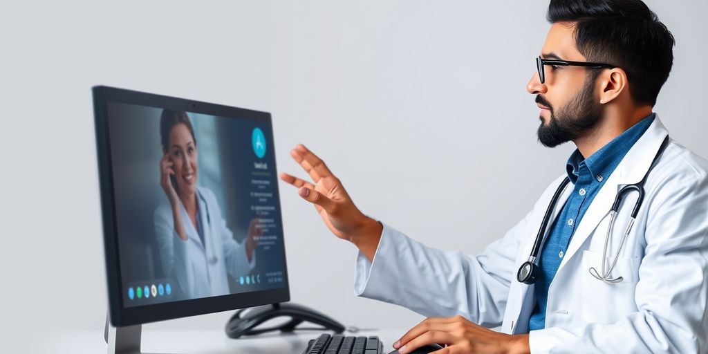 Doctor interacting with patient on computer screen