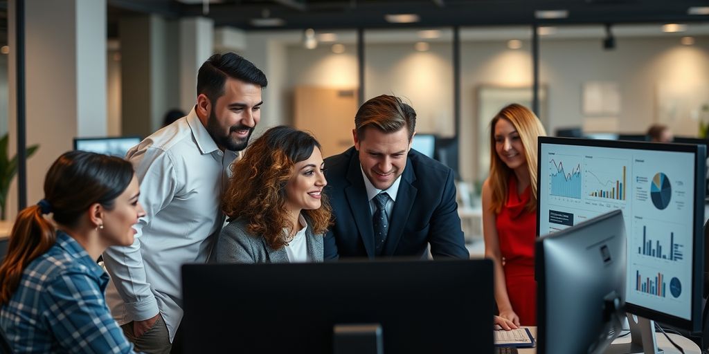 Team analyzing data on computer screens