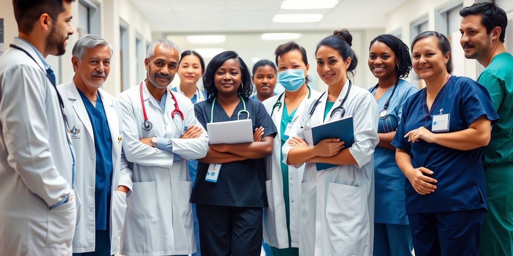 Healthcare professionals collaborating in a medical facility.