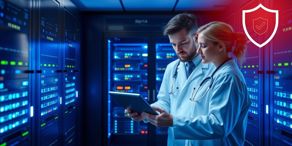 Secure server room with medical professionals and shield icon.