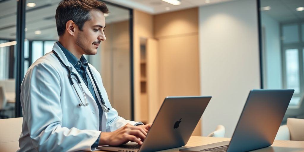 Doctor conducting virtual consultation on laptop