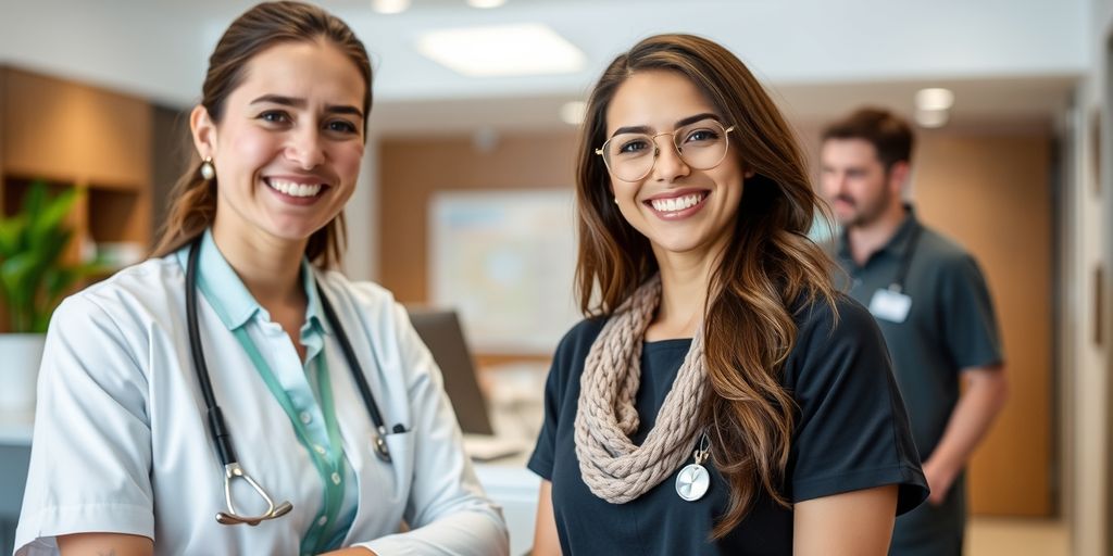 Friendly medical receptionist at front desk with patient