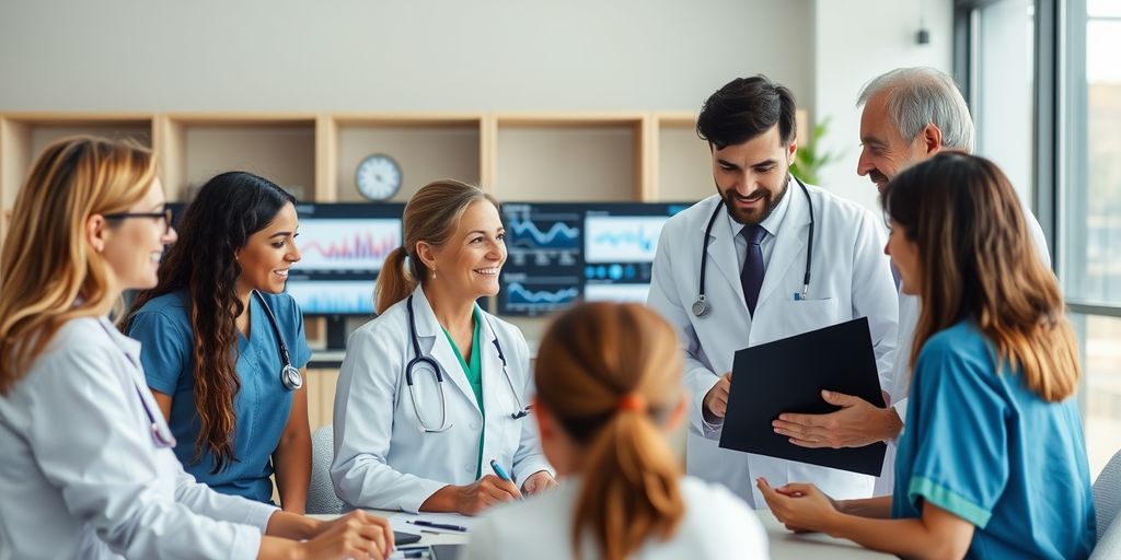 Healthcare team collaborating in modern office.