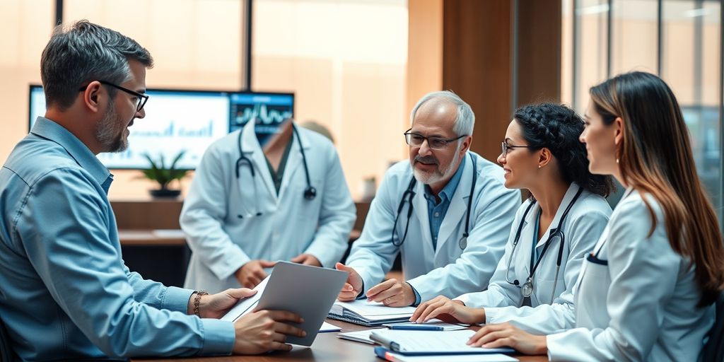 Healthcare and financial experts collaborating in an office.