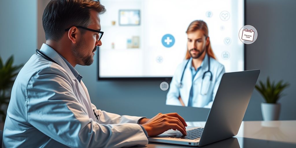 Doctor consulting patient remotely using laptop