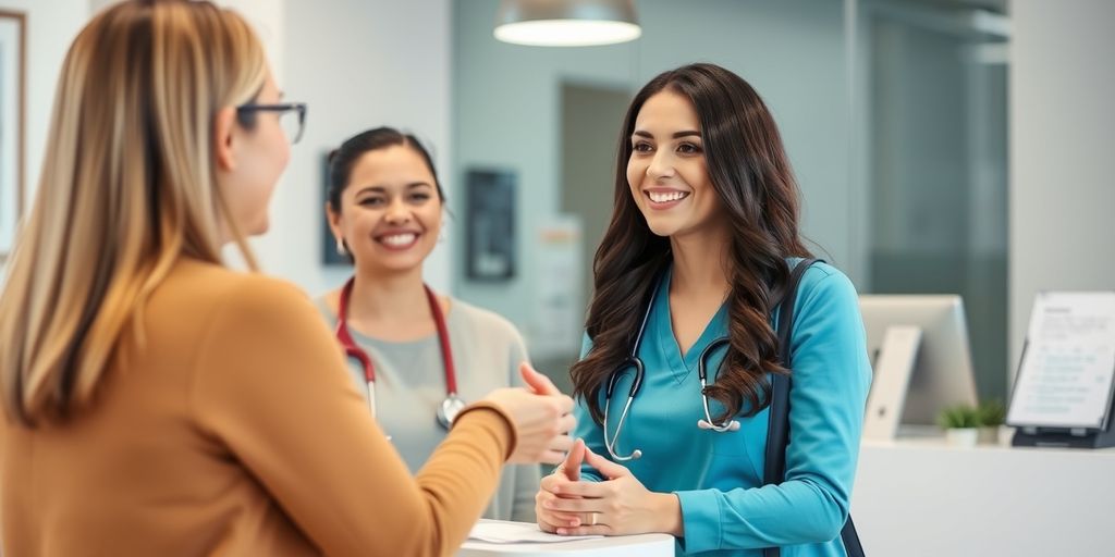 Receptionist greeting patient in modern medical office