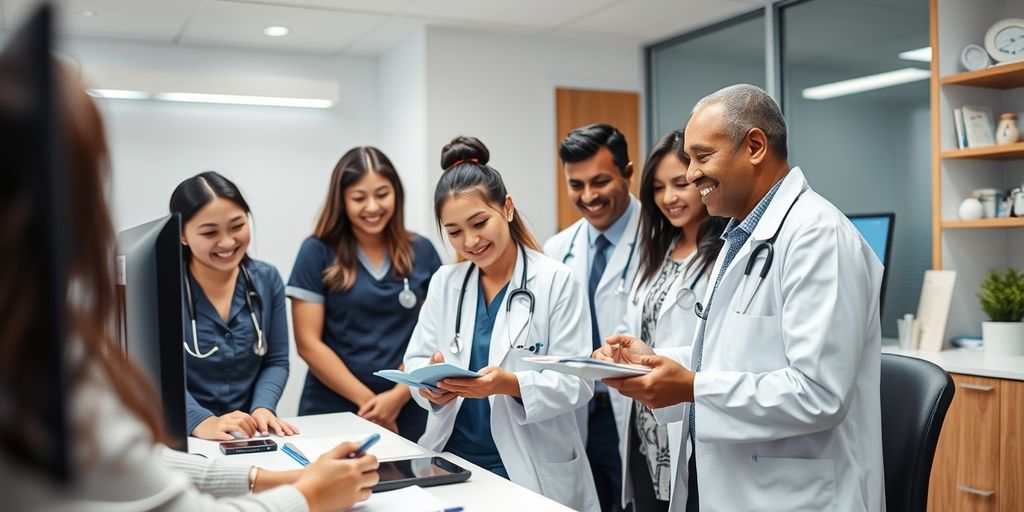 Healthcare team collaborating in modern office