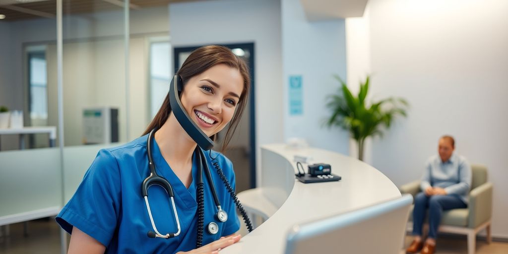 Medical receptionist answering phone in modern clinic