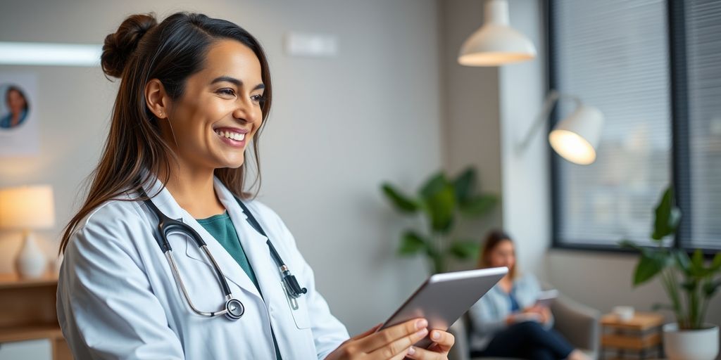 Doctor smiling with tablet on video call