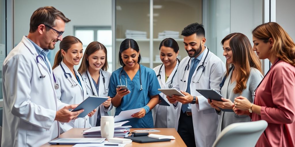 Healthcare professionals collaborating in modern office