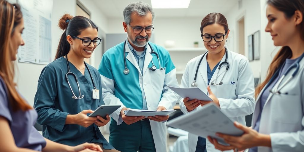 Healthcare professionals collaborating in a modern office