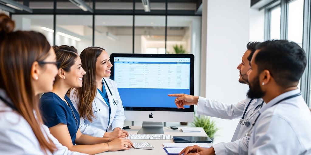 Medical team collaborating on coding software