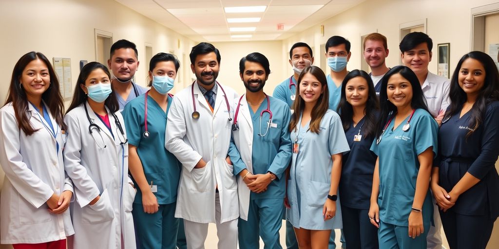 Healthcare professionals standing together in a hospital