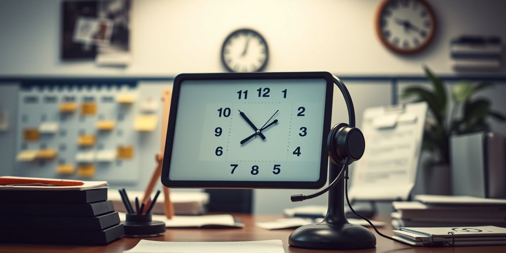 Office with calendar, clock, and headset