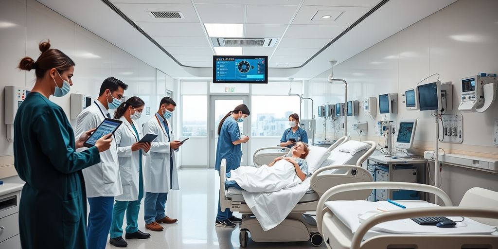 Healthcare professionals collaborating in a modern hospital.