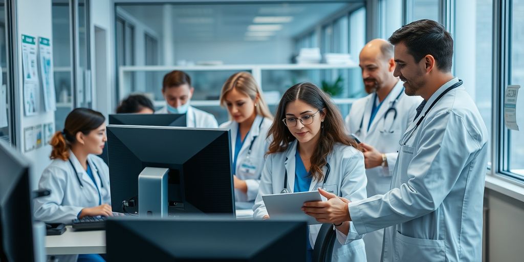 Medical team collaborating in office