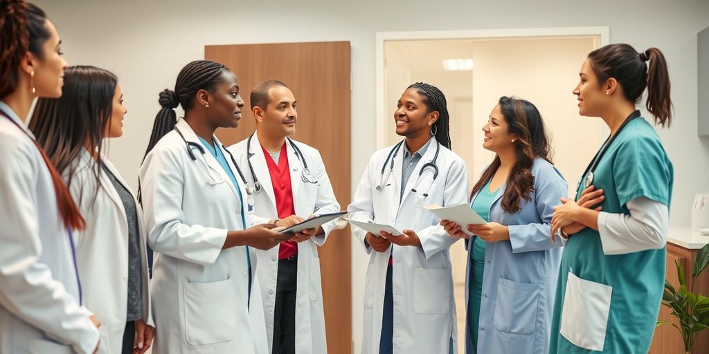 Healthcare professionals collaborating in a modern office
