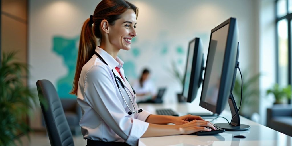 Virtual medical receptionist smiling at a computer in office.