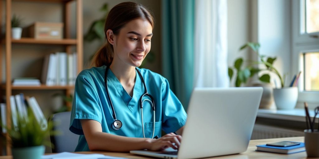 Virtual medical assistant working on a laptop at home.