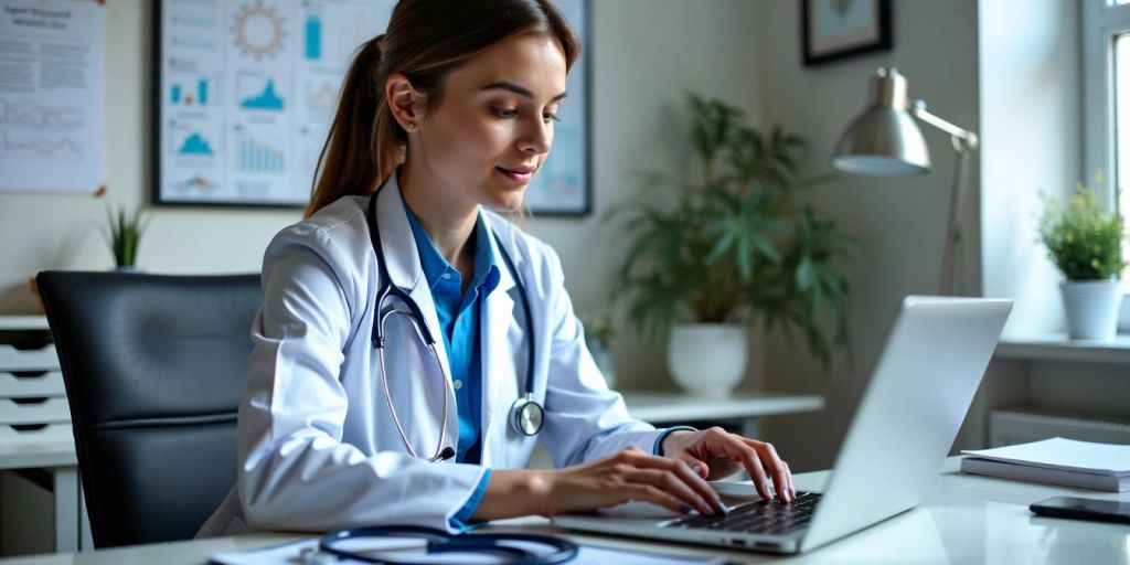 Medical virtual assistant working in a modern office.