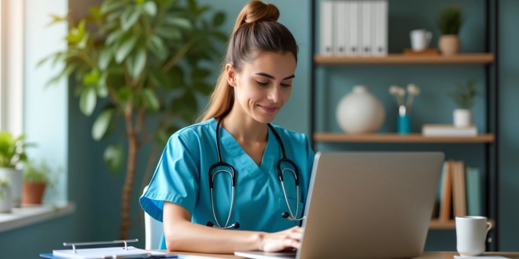 Virtual medical assistant working in a home office.