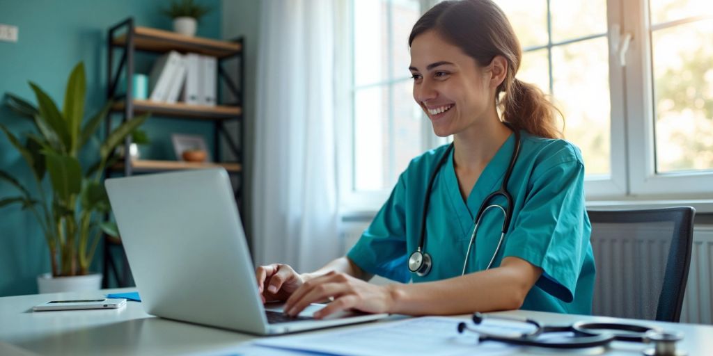 Virtual medical assistant working on a laptop in office.