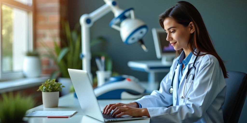 Virtual medical assistant on a laptop in an office.