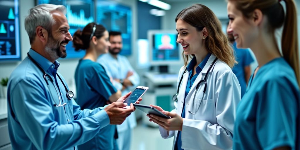 Healthcare professionals using virtual medical assistants in a clinic.