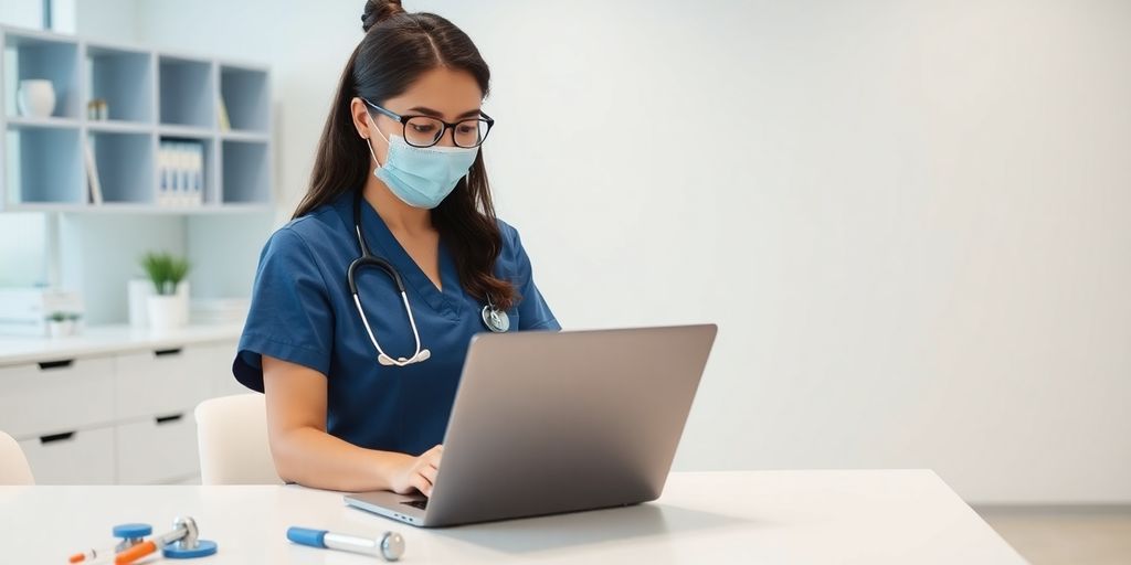 Virtual medical assistant working on a laptop in office.