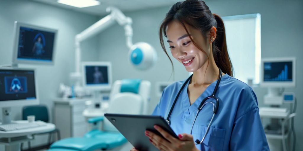 Doctor using a virtual assistant in a modern clinic.