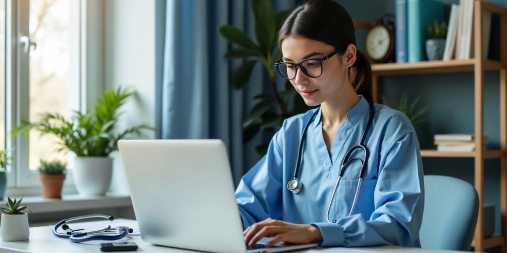 Virtual medical assistant working in a modern office.