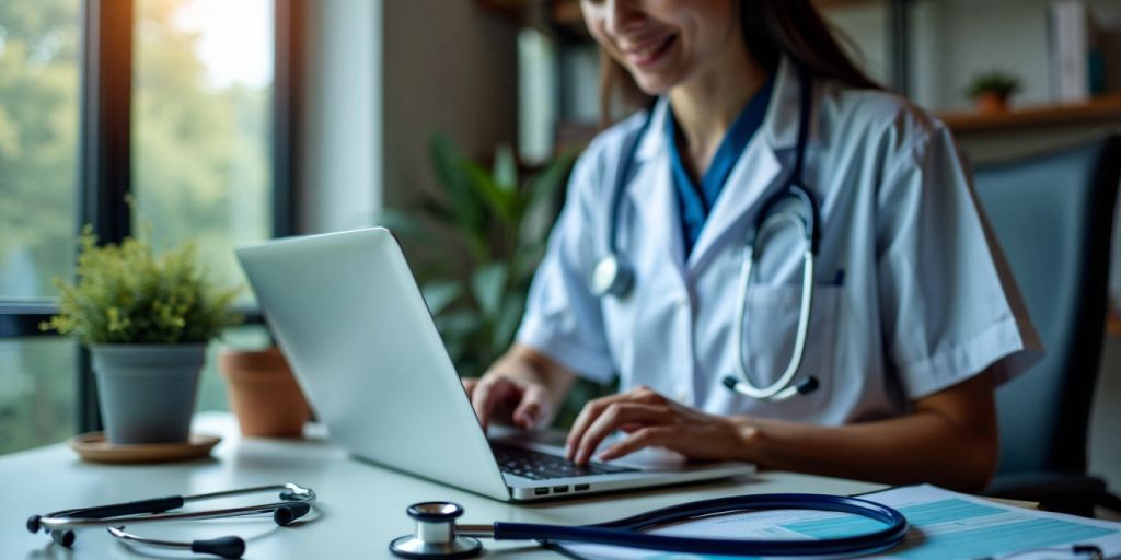 Virtual medical assistant working in a modern office.