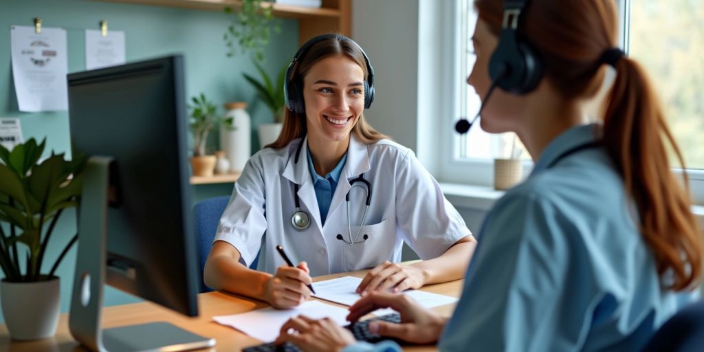 Virtual medical receptionist assisting a patient through video call.