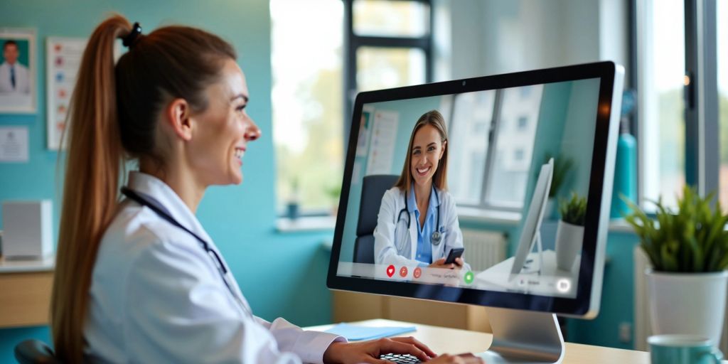 Virtual receptionist assisting patients in a bright office.