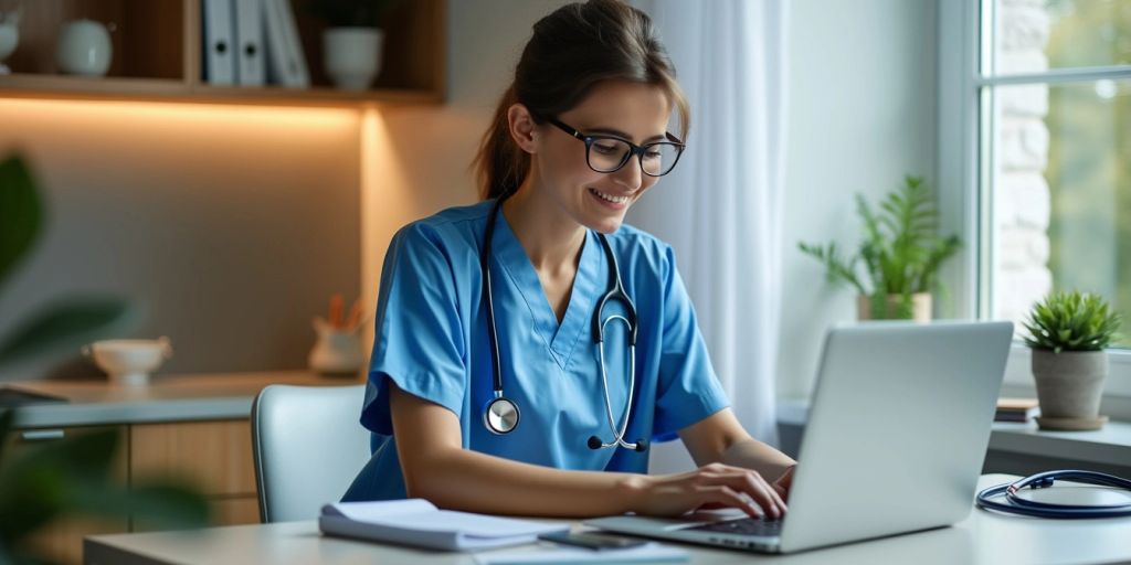 Virtual medical assistant in a home office setting.