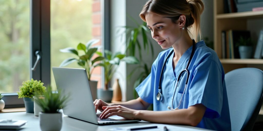 Virtual medical assistant working in a modern home office.