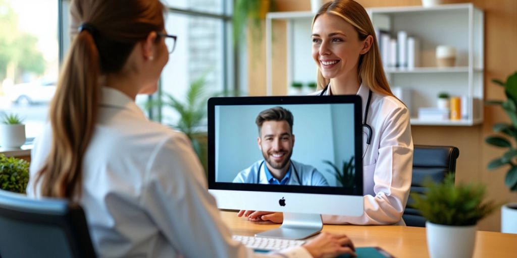 Medical receptionist assisting a patient through video call.
