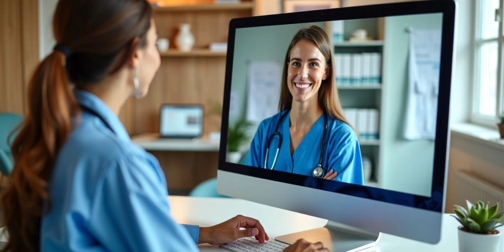 Virtual medical receptionist assisting patients online in an office.