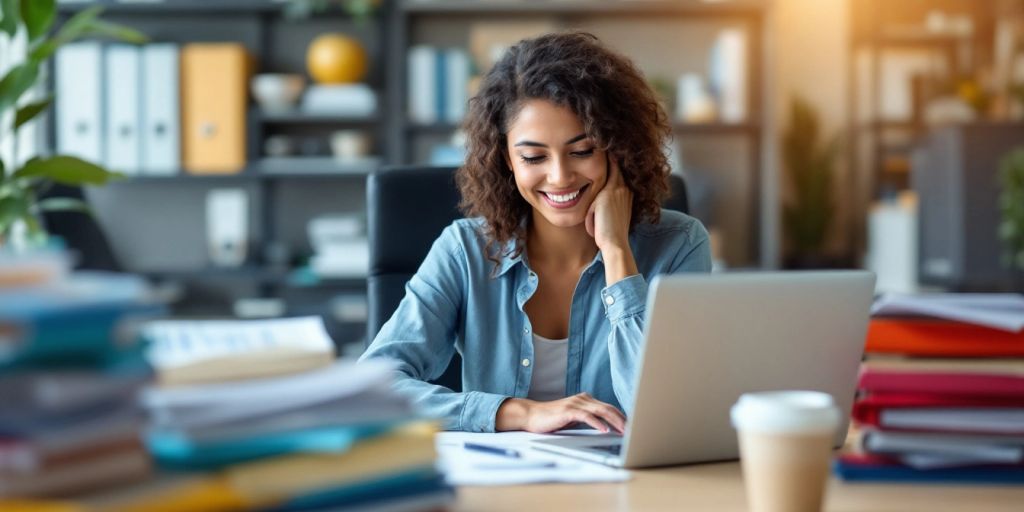 Virtual assistant working in a modern office setting.