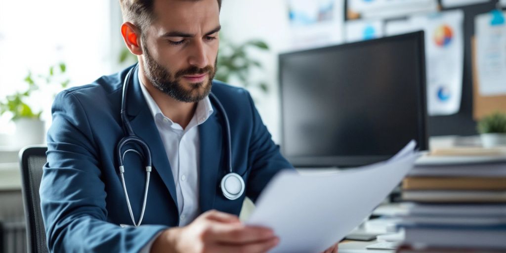 Healthcare professional reviewing patient files in an office.