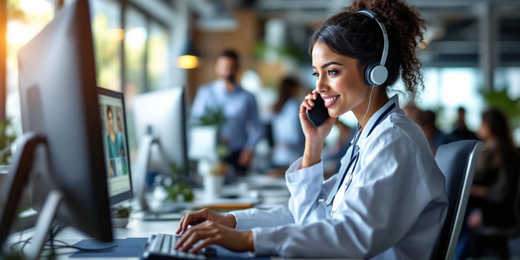 Healthcare worker on a call in a medical call center.