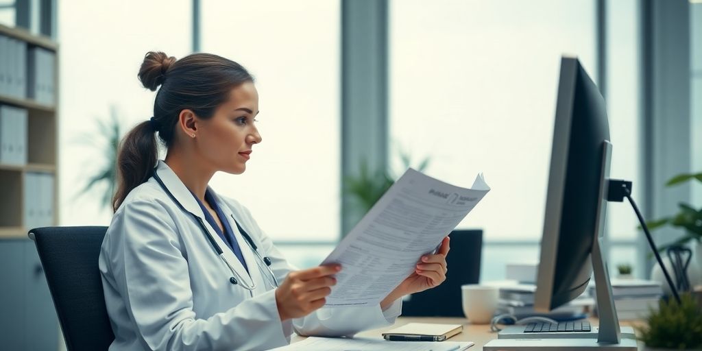 Healthcare professional reviewing medical coding documents in office.