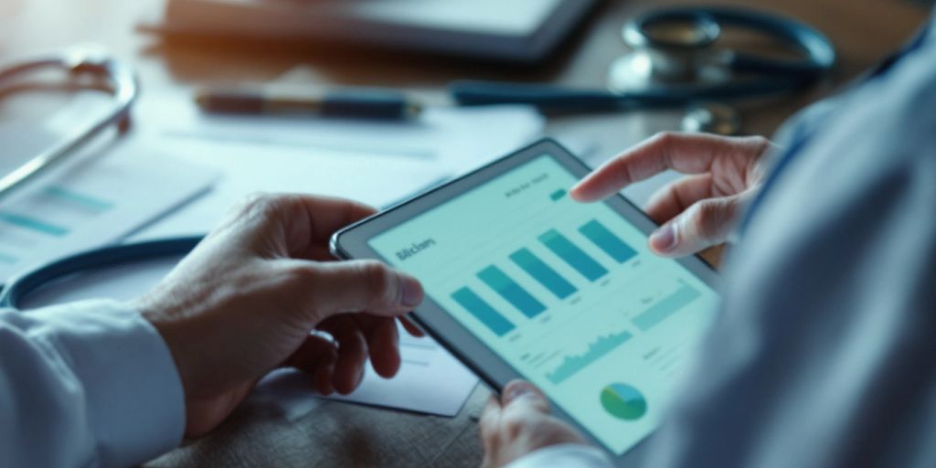 Healthcare professional reviewing patient data on a tablet.