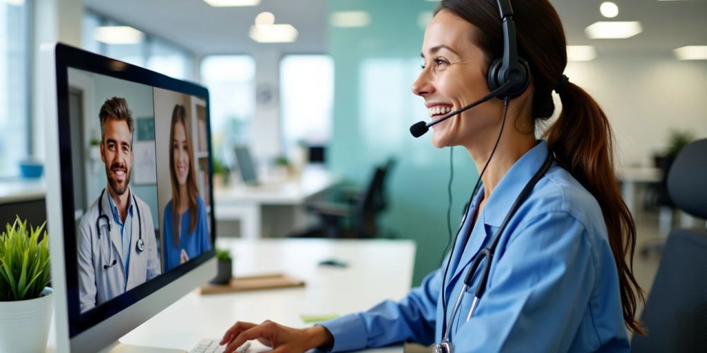 Virtual medical receptionist assisting patients via video call.