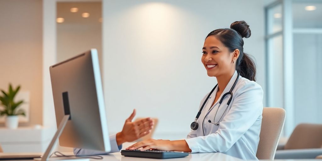 Virtual medical receptionist assisting a patient online.