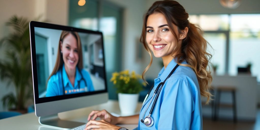 Virtual receptionist assisting patients in a medical office.