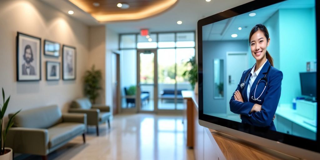 Virtual receptionist in a bright clinic reception area.