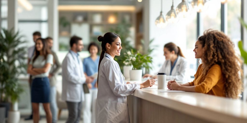 Friendly receptionist assisting patients in a medical office.